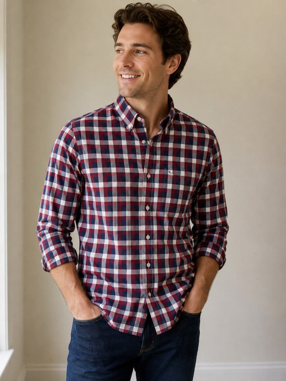 Abercrombie & Fitch Mens M Plaid Button Down Shirt Red Navy Moose 100% Cotton